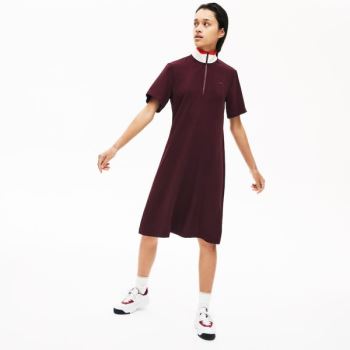 Lacoste Flared Zip-Up Polo Dress Dámské - Šaty Tmavě Červené / Bílé / Červené | CZ-EHfASF